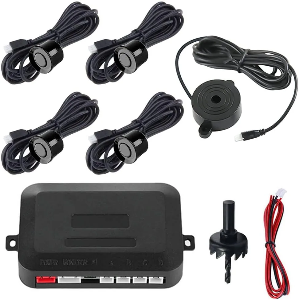 Kit de Sensor de Aparcamiento Coche 4 Sensores de Aparcamiento Radar | Sistema Radar Inverso Traseros Sensores de Estacionamiento Marcha Atrás Alarma de Sonido Negro
