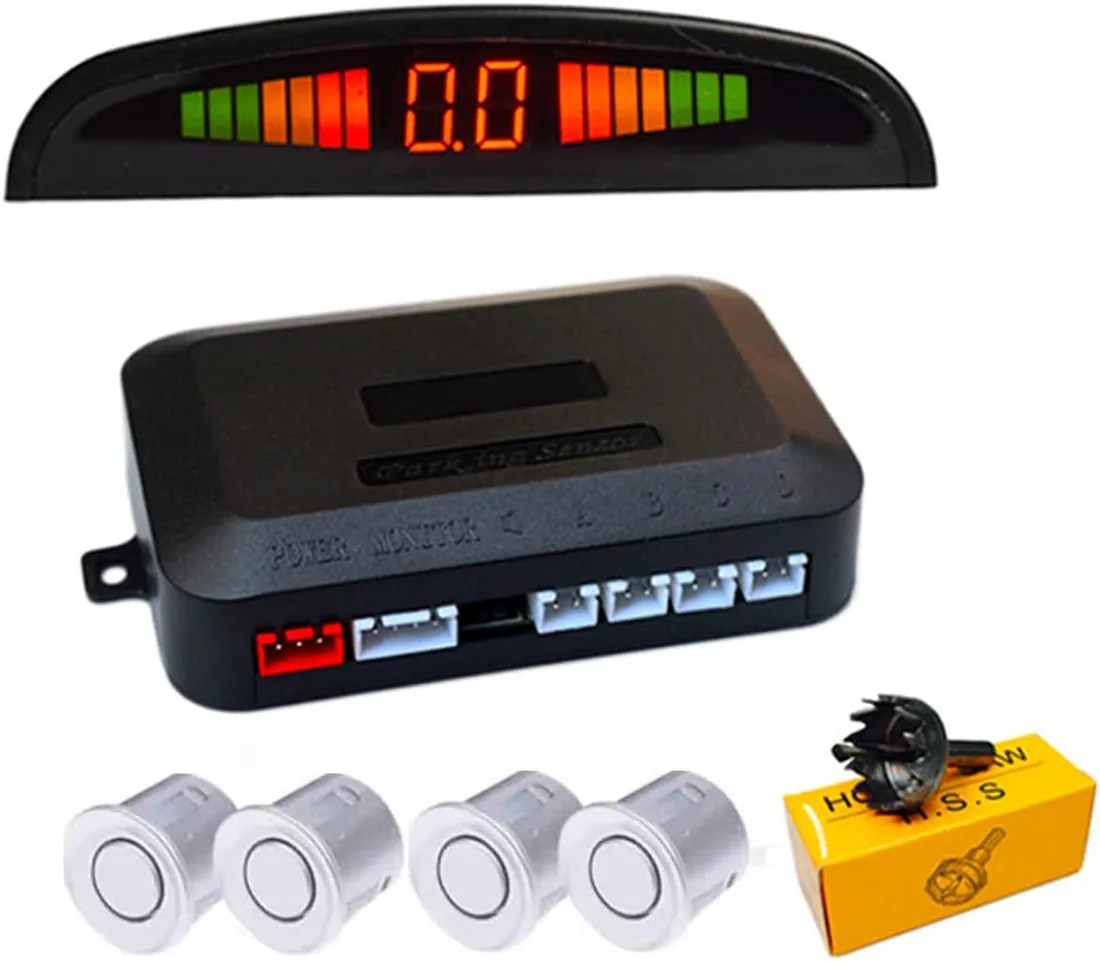 sensores aparcamiento coche, universal 4 sensores asistentes de aparcamiento con pantalla de color LED, kit de alarma de audio de marcha atrás (Plata)
