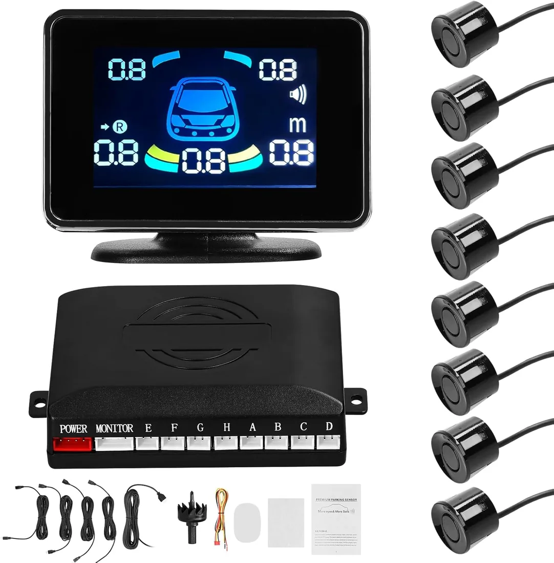 Shkalacar Sensores Aparcamiento Coche, Detector Radares para Coche, Parking Sensor con 8 Sensores, Pantalla LCD, Soporte Delantero y Trasero, Advertencia de Sonido/Zumbador/Silencio