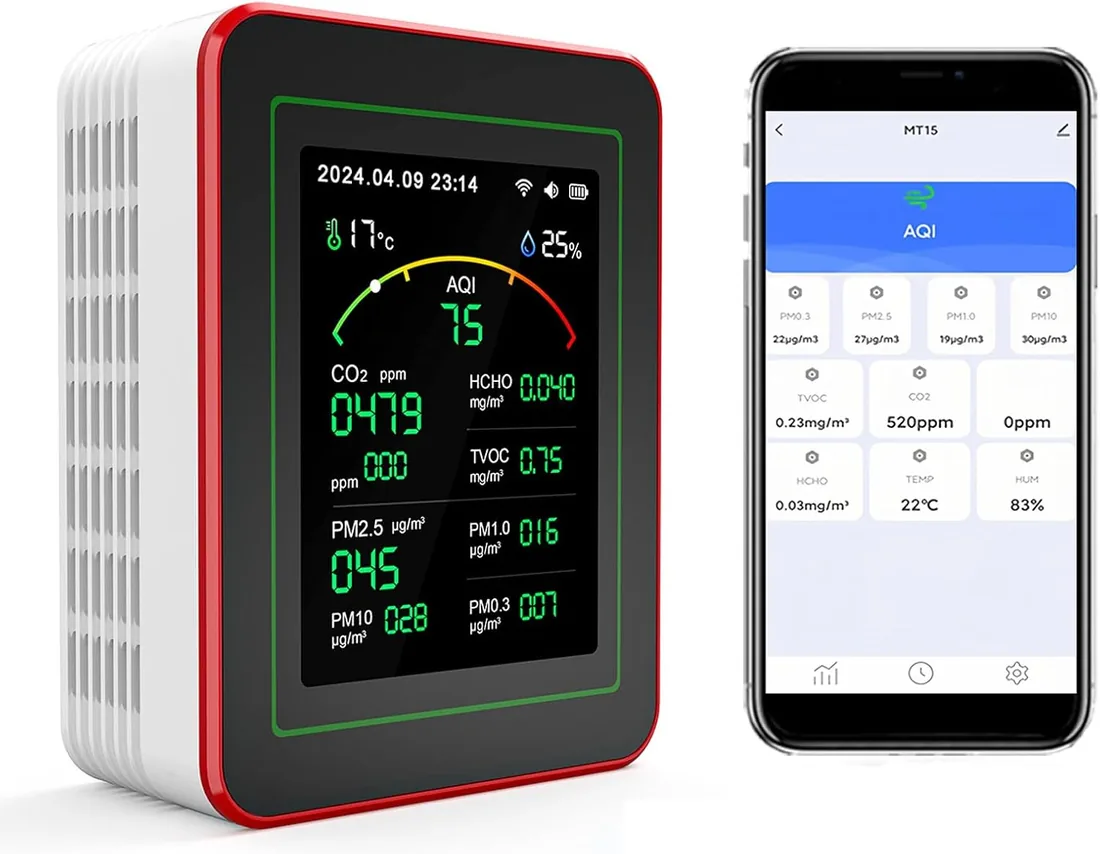 Medidor de Calidad del Aire Interior 15 en 1 con App - 2 Chips Sensores Precisos de CO2,PM2.5/PM10,HCHO,TVOC | Alertas en Tiempo Real y Análisis para la Salud | Fácil Lectura,Ideal para Hogar,Oficina
