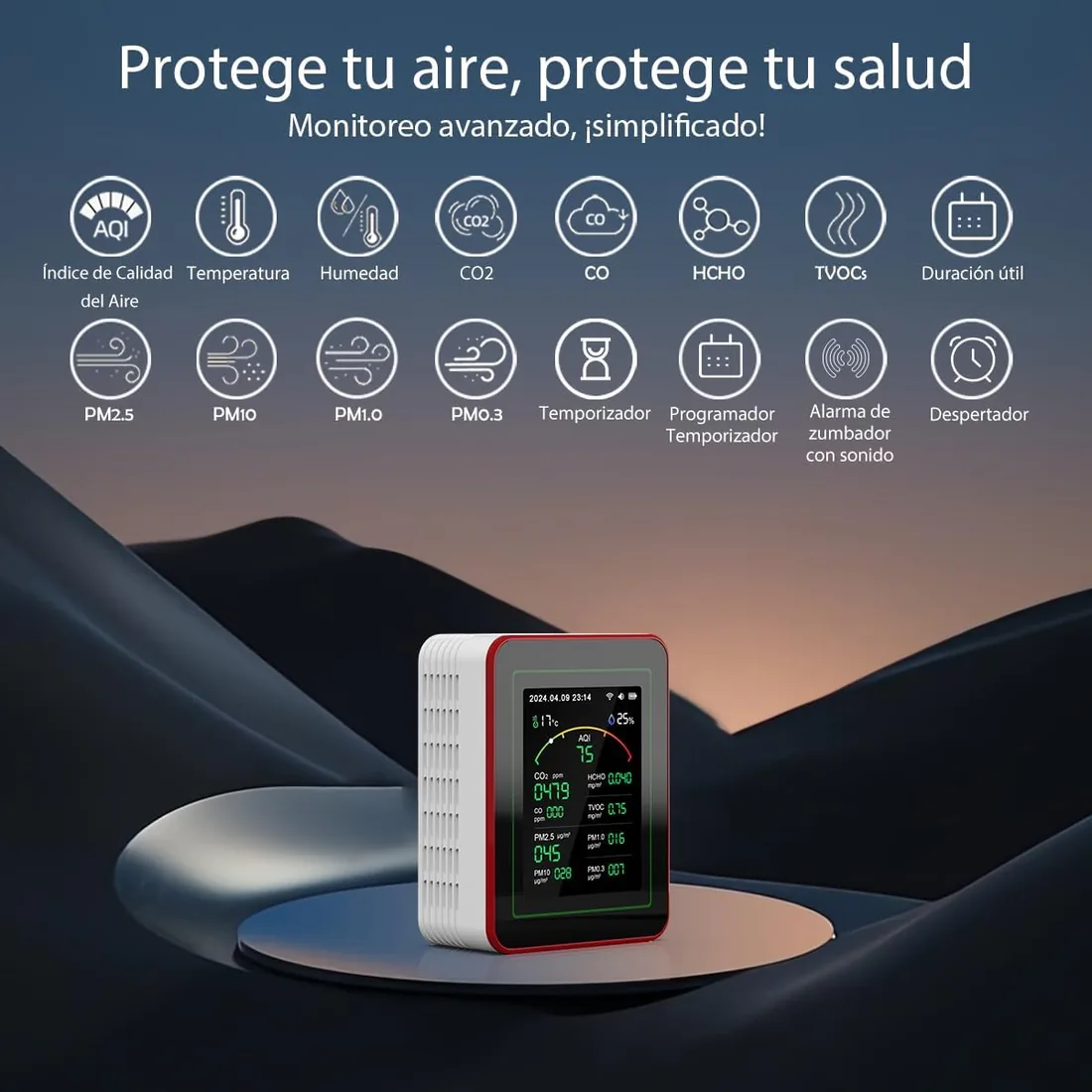 Medidor de Calidad del Aire Interior 15 en 1 con App - 2 Chips Sensores Precisos de CO2,PM2.5/PM10,HCHO,TVOC | Alertas en Tiempo Real y Análisis para la Salud | Fácil Lectura,Ideal para Hogar,Oficina foto 2
