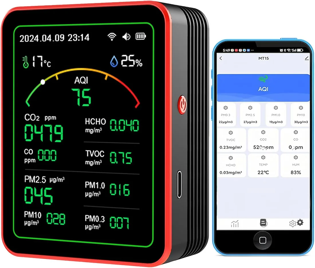 Monitor de CO2, medidores de Calidad del Aire Interior 15 en 1, Detector portátil de dióxido de Carbono, Pantalla LCD retroiluminada CO2 TVOC HCHO PM2.5 PM10 Probador con Despertador para casa y Bur foto 3