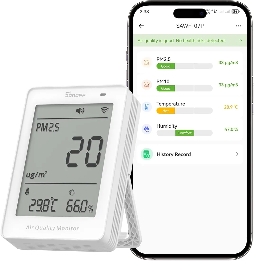 SONOFF Monitor inteligente de calidad del aire, PM2.5, detector PM10, temperatura/humedad, pantalla en tiempo real y alarma foto 2