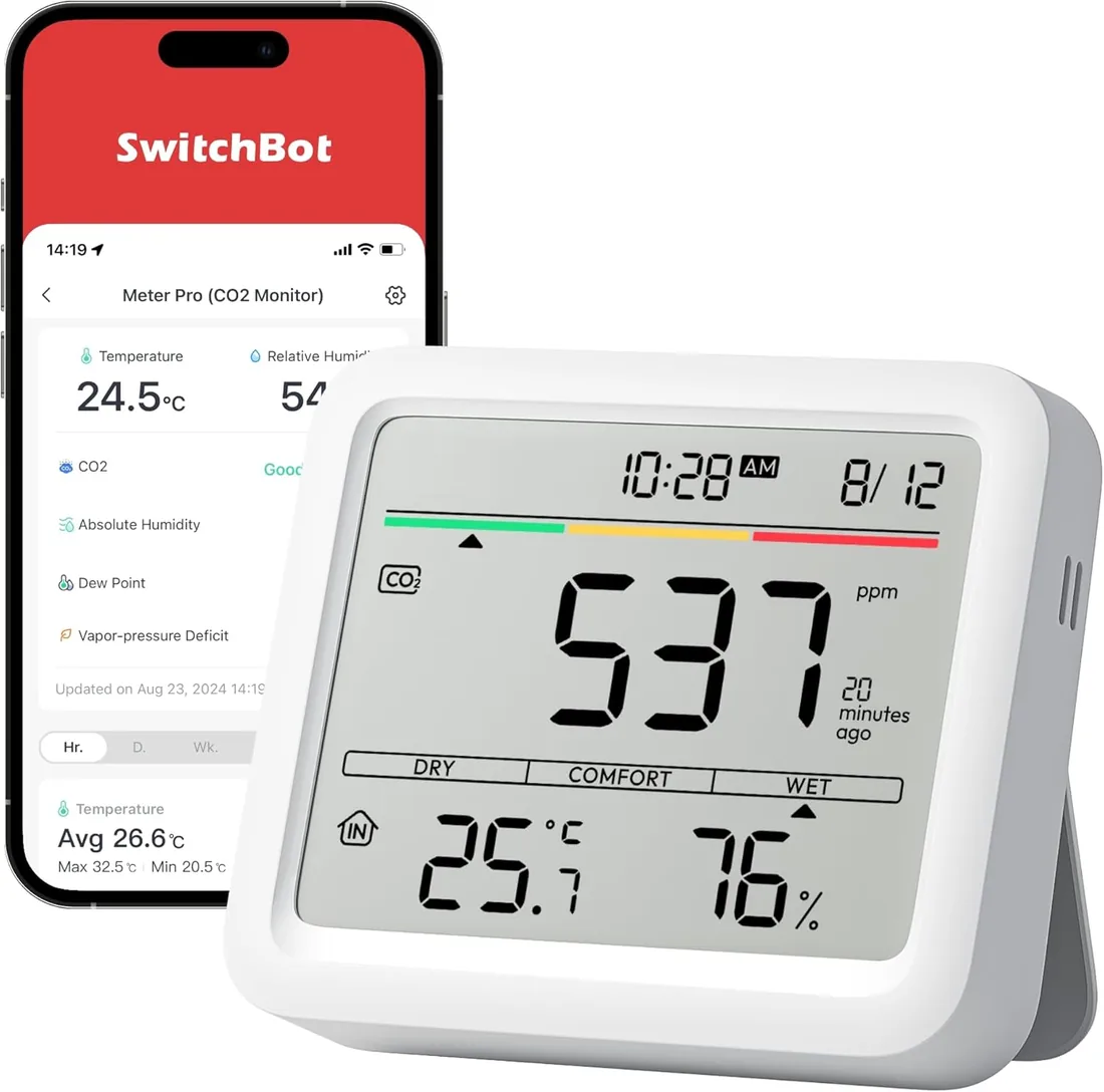 SwitchBot Monitor Calidad del Aire Interior, Estacion Meteorologica con Alarma CO2, Detectores de CO2, Termometro con App, Bluetooth, Archivo de Datos 2-Años, se Requiere SwitchBot Hub