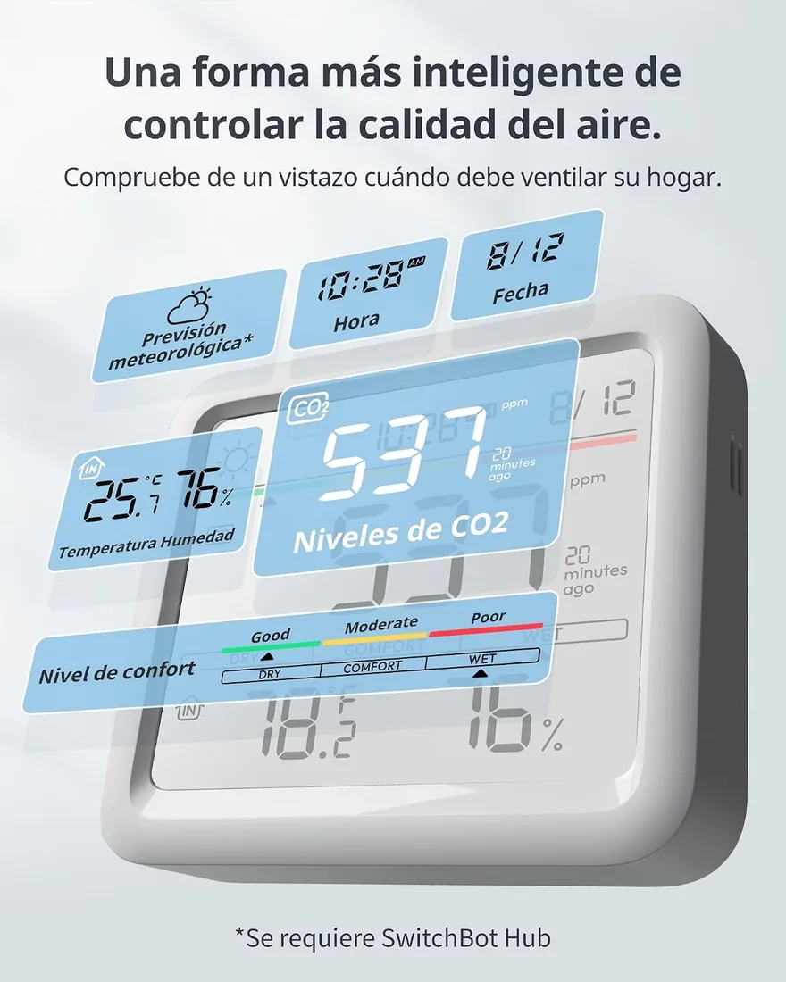 SwitchBot Monitor Calidad del Aire Interior, Estacion Meteorologica con Alarma CO2, Detectores de CO2, Termometro con App, Bluetooth, Archivo de Datos 2-Años, se Requiere SwitchBot Hub foto 2