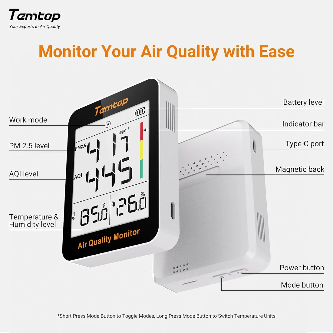 Temtop Monitor de Calidad del Aire Interior, Medidor de PM2.5, AQI, Temperatura y Humedad, 100 Días de Duración de Batería, Ideal para Hogar y Oficina S1-UP foto 2