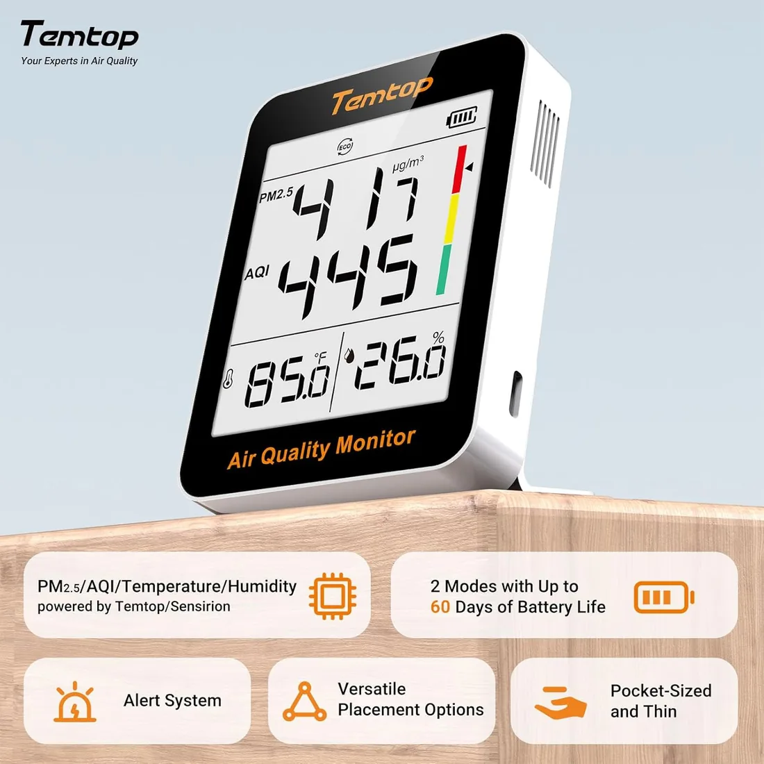 Temtop Monitor de Calidad del Aire Interior, Medidor de PM2.5, AQI, Temperatura y Humedad, 100 Días de Duración de Batería, Ideal para Hogar y Oficina S1-UP foto 3