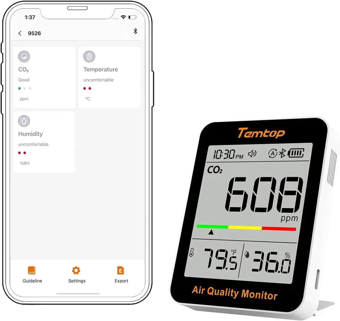Temtop Monitor de CO2 Monitor de Calidad del Aire Interior con Conectividad BLE App Medidor Portátil de CO2 Temperatura Humedad para el Hogar Oficina o Escuela C1+ foto 3