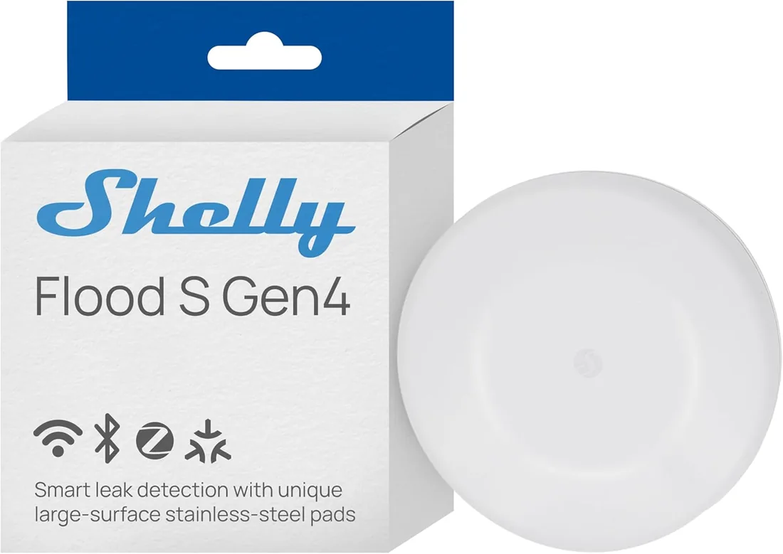 Shelly Flood S Gen4 – Mini Detector de Agua inalámbrico, Alarma Sensor de inundación Wi-Fi, Zigbee, Matter y Bluetooth, Placas de Acero inoxidables, Zumbador, Alertas móviles, Funciona con Pilas