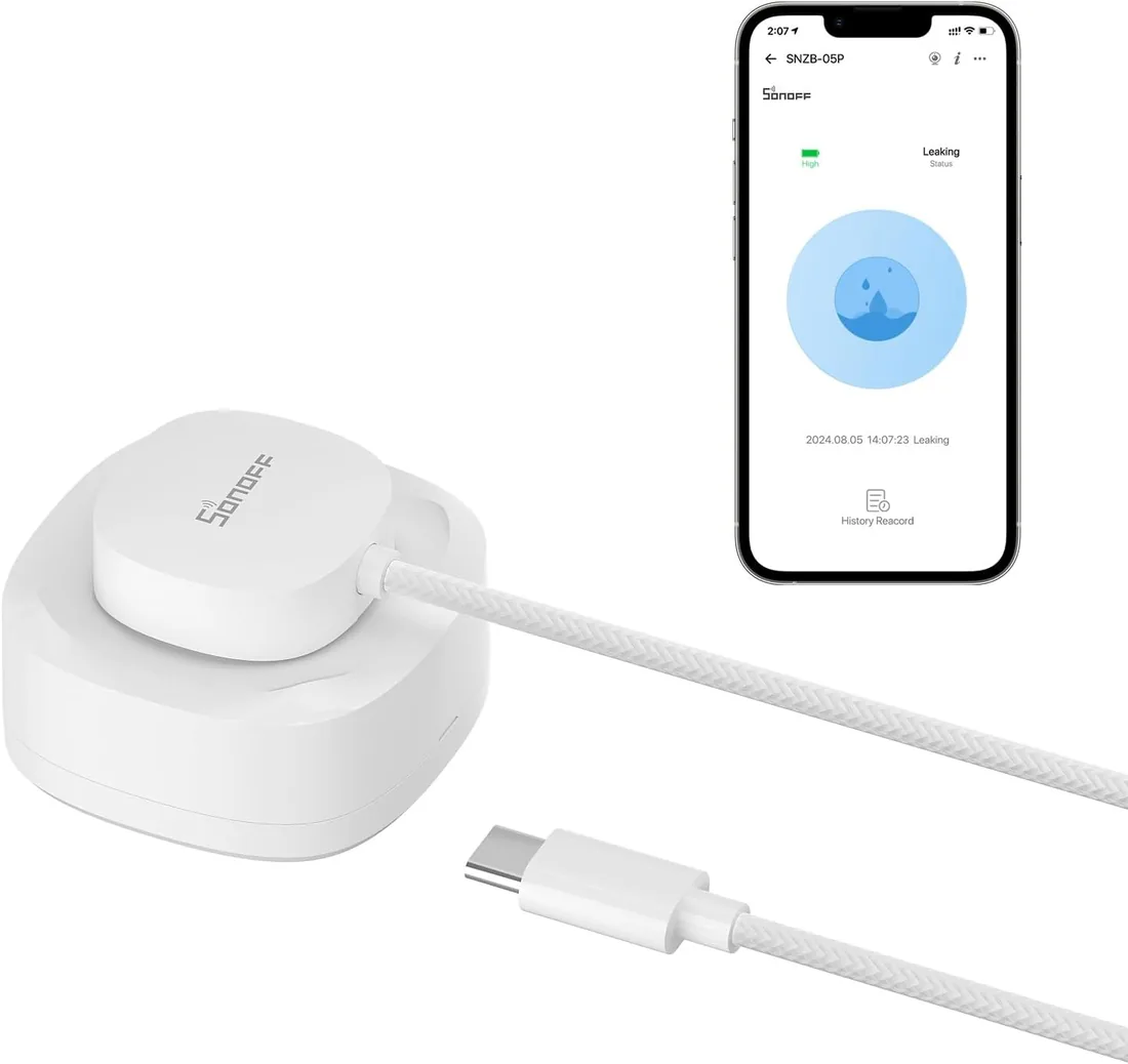 SONOFF SNZB-05P Detector de Agua Zigbee + Cable Sensor de Agua WLDC200,Detector de Agua para Cocinas,Sótanos y Baños,Compatible con Alexa y Google ,Requiere Zigbee Hub.