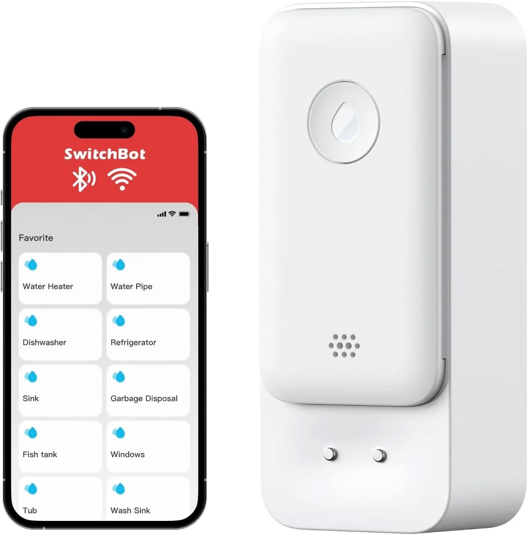 SwitchBot WiFi Sensor de Agua, Detector Inteligente de Fugas de Agua, 100dB Alertas Ajustables y de App, IP67 Impermeable, Detector Inalámbrico para Cocina, Baño, Sótano, No Exige Hub (Permite 2,4G)