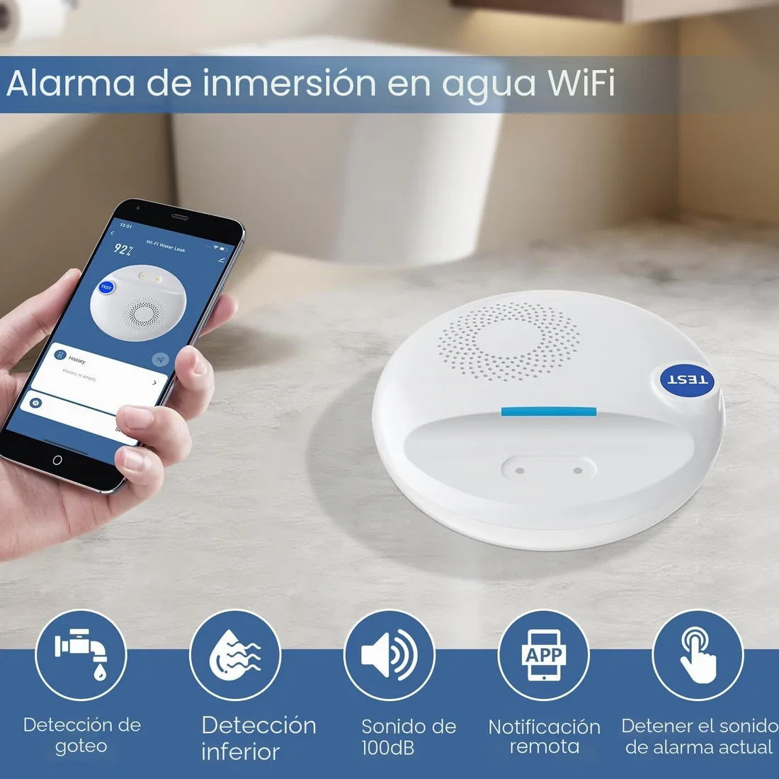 Yasorn Detector de Fugas de Agua WiFi, Sensor Inteligente de Inundación con Alarma Sonora 100dB, Alertas en Tiempo Real por App Móvil, Impermeable IP67 para Hogar, Cocina, Baño, Sótano y Garaje foto 2