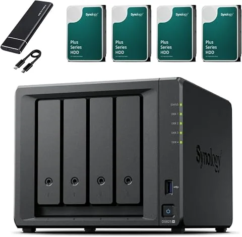 Synology DS925+ NAS Server Pack de 4 bahías (8 GB de RAM, 48 TB HDD) – 4 x 12 TB Synology NAS HDD, dispositivo de almacenamiento en red de escritorio de alto rendimiento – Incluye SSD externo de 512