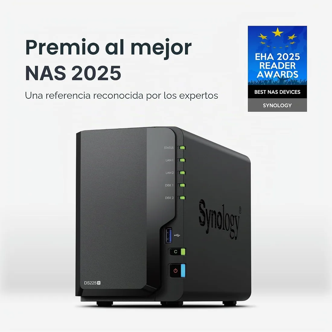 Synology NAS Intel Celeron DS225+ 2 Bahías, sin Disco, 4C, 2GB, Negro foto 2