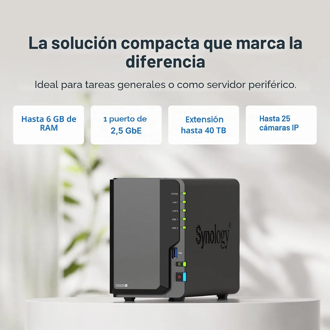 Synology NAS Intel Celeron DS225+ 2 Bahías, sin Disco, 4C, 2GB, Negro foto 3