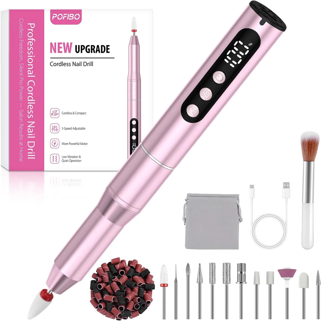 POFIBO Torno para Uñas Profesional 35000 RPM USB, Set de Manicura 12 en 1 | Lima electrica uñas Nail Drill recargable, portátil y silencioso para salón, hogar, gel y uñas acrílicas (Rosa)