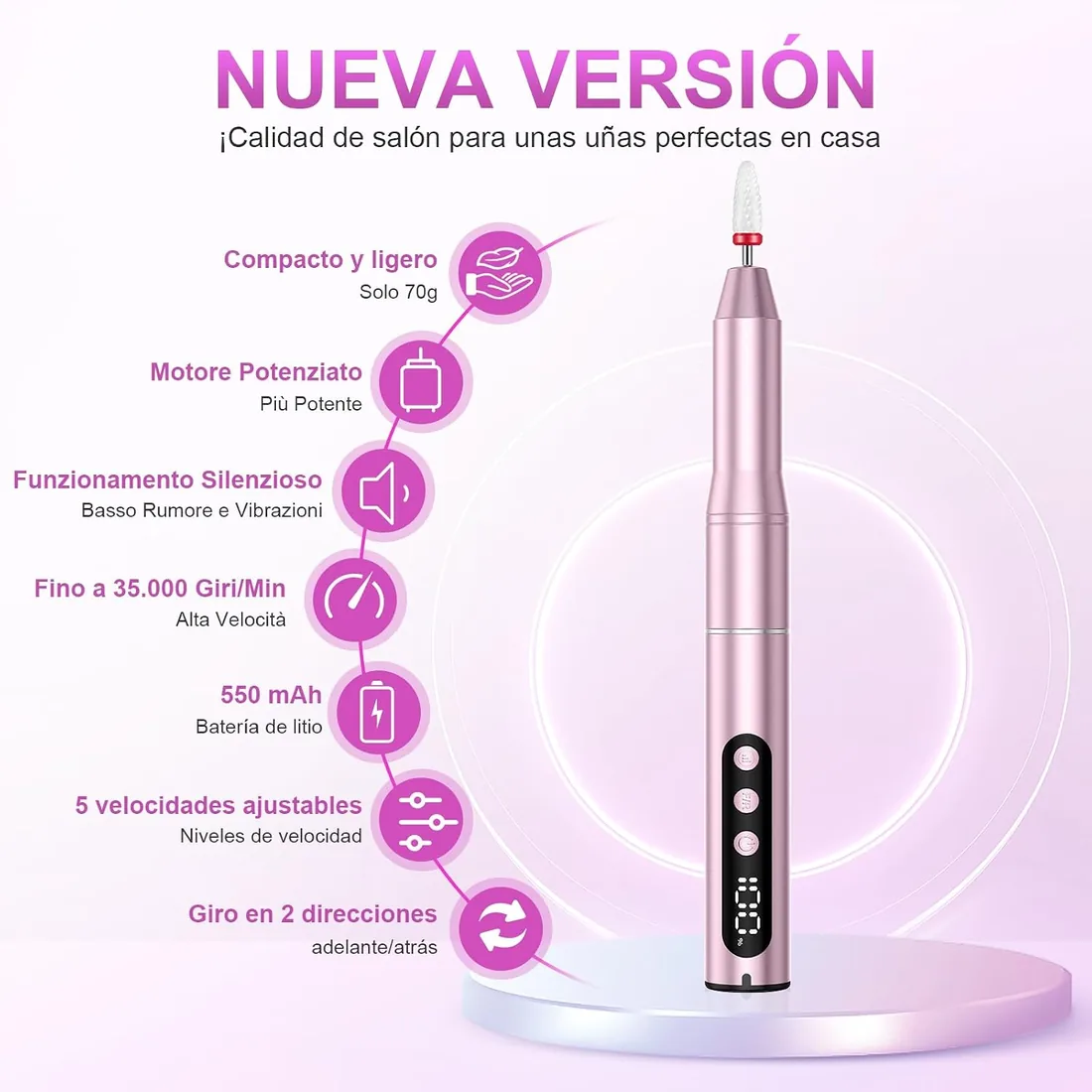 POFIBO Torno para Uñas Profesional 35000 RPM USB, Set de Manicura 12 en 1 | Lima electrica uñas Nail Drill recargable, portátil y silencioso para salón, hogar, gel y uñas acrílicas (Rosa) foto 2