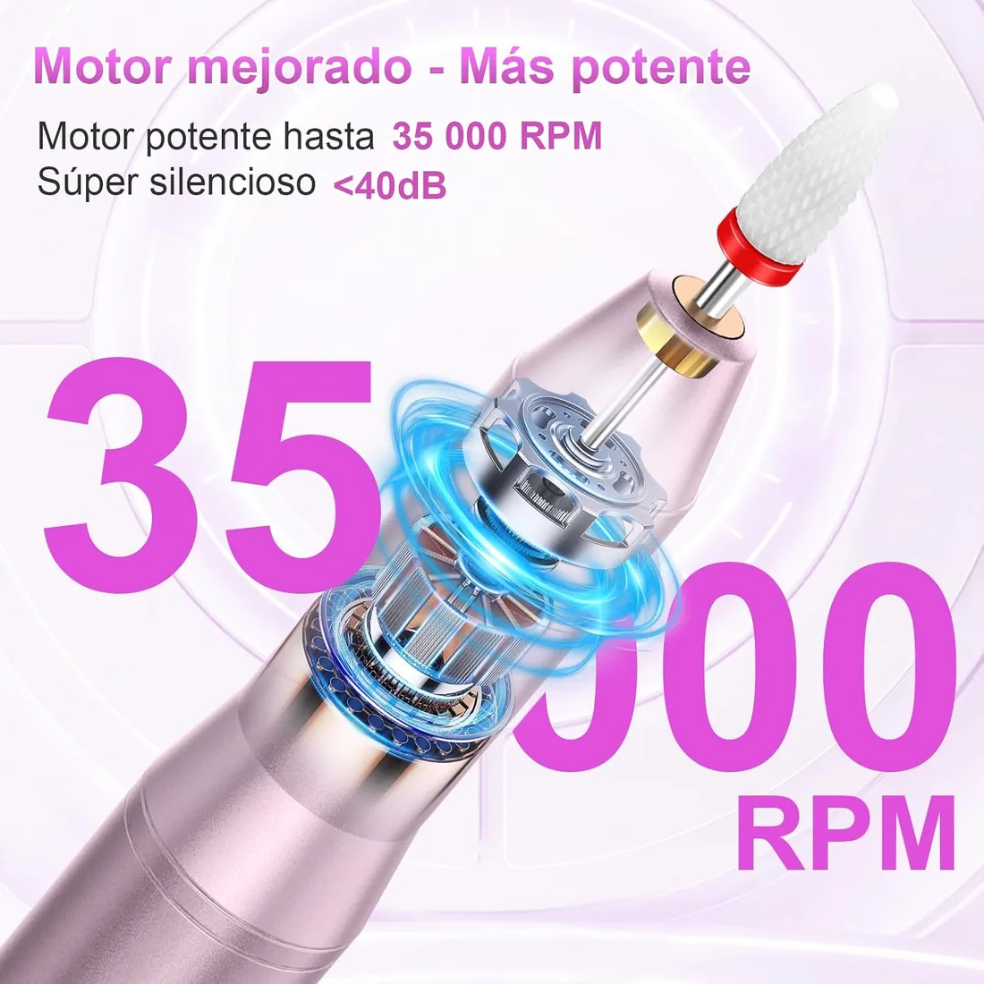 POFIBO Torno para Uñas Profesional 35000 RPM USB, Set de Manicura 12 en 1 | Lima electrica uñas Nail Drill recargable, portátil y silencioso para salón, hogar, gel y uñas acrílicas (Rosa) foto 3