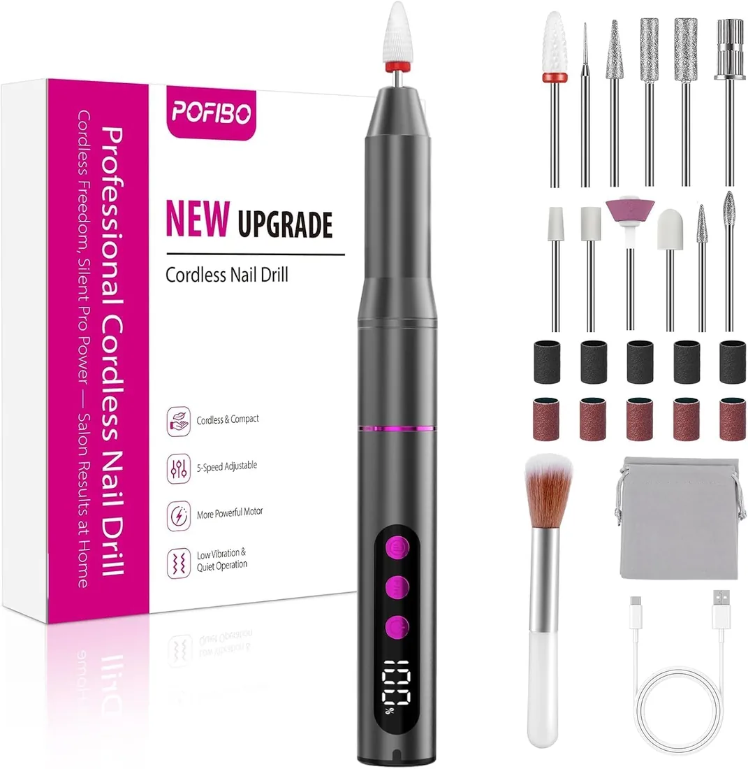POFIBO Torno para Uñas Profesional 35000 RPM USB, Set de Manicura 12 en 1 | Versión Mejorada: Lima electrica uñas Nail Drill recargable, portátil y silencioso para salón, hogar, gel y uñas acrílicas