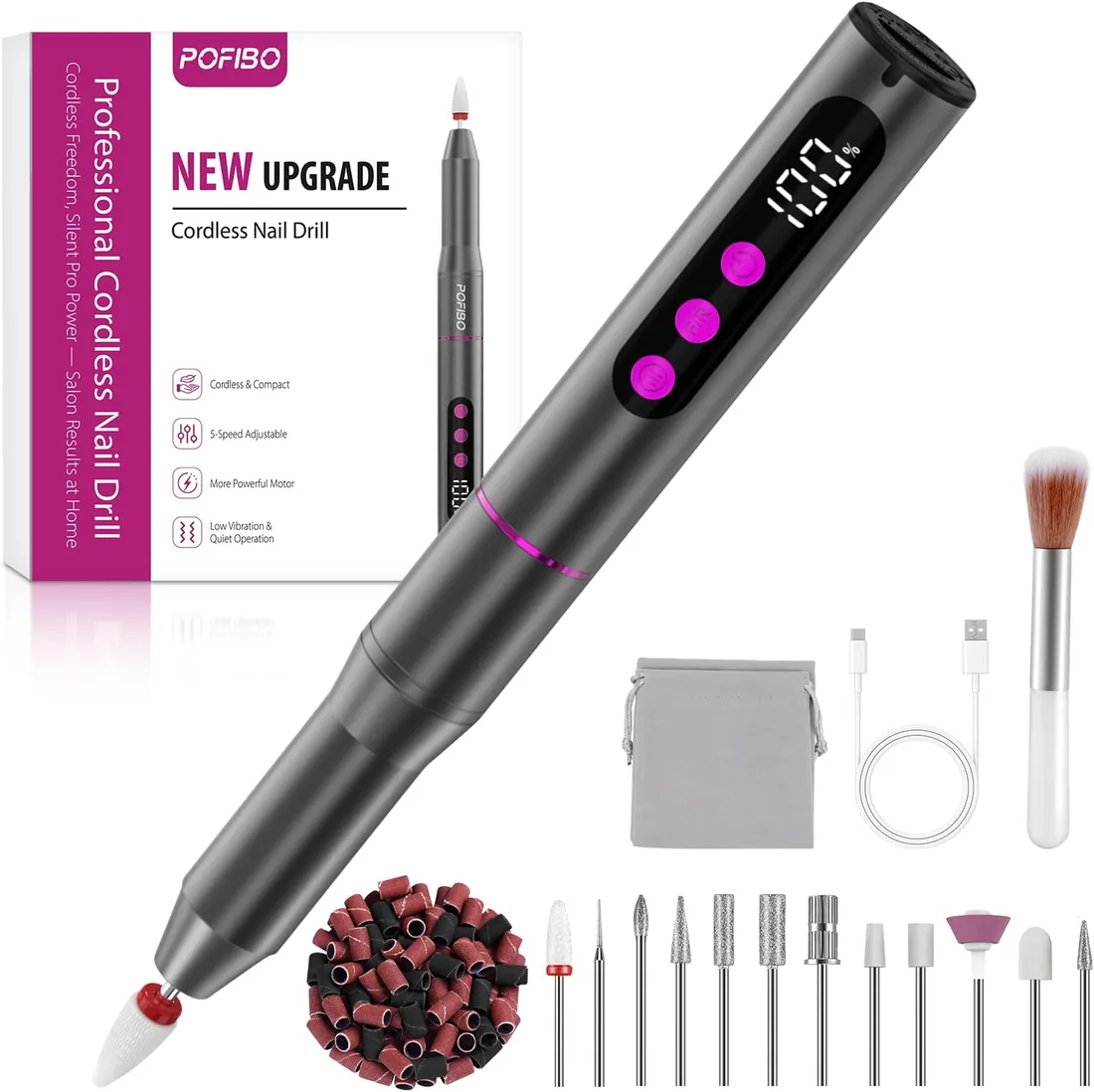 POFIBO Torno para Uñas Profesional 35000 RPM USB, Set de Manicura 12 en 1 | Lima electrica uñas Nail Drill recargable, portátil y silencioso para salón, hogar, gel y uñas acrílicas (Gris)