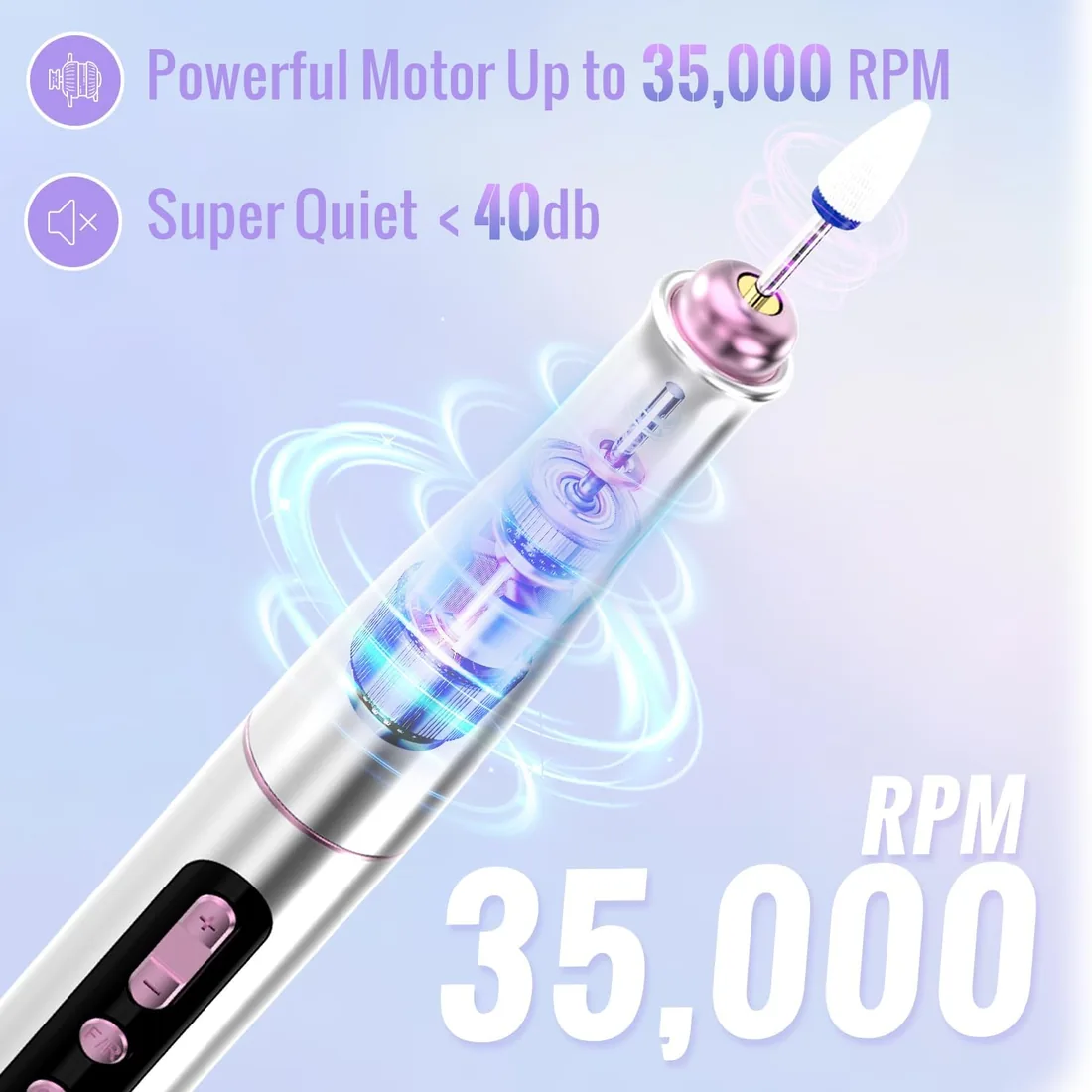 Torno para Uñas Profesional 35000RPM, 12 en 1 Lima Electrica uñas | Nail Drill Kit de Manicura y Pedicura Eléctrico Recargable USB-C, 5 Velocidad Ajustable para Salón DIY Gel/Acrílicas foto 3