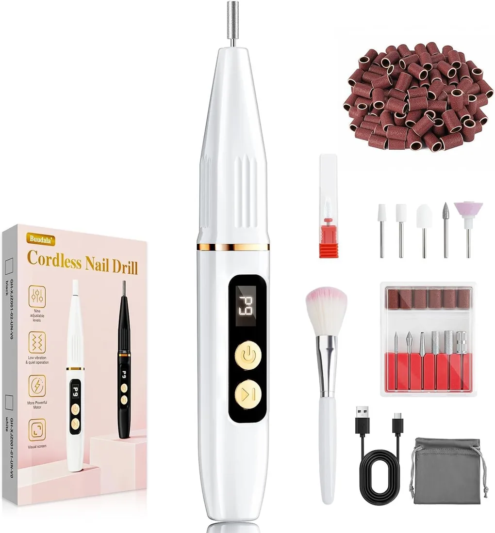 Torno para Uñas Profesional 35000RPM 500mAh Lima Uñas Electrica, Blanco | 12 en 1 Torno Uñas, Pantalla LED, 12 Accesorios, 9 Velocidades, Recargable USB-C Portátil para Manicuras y Pedicuras