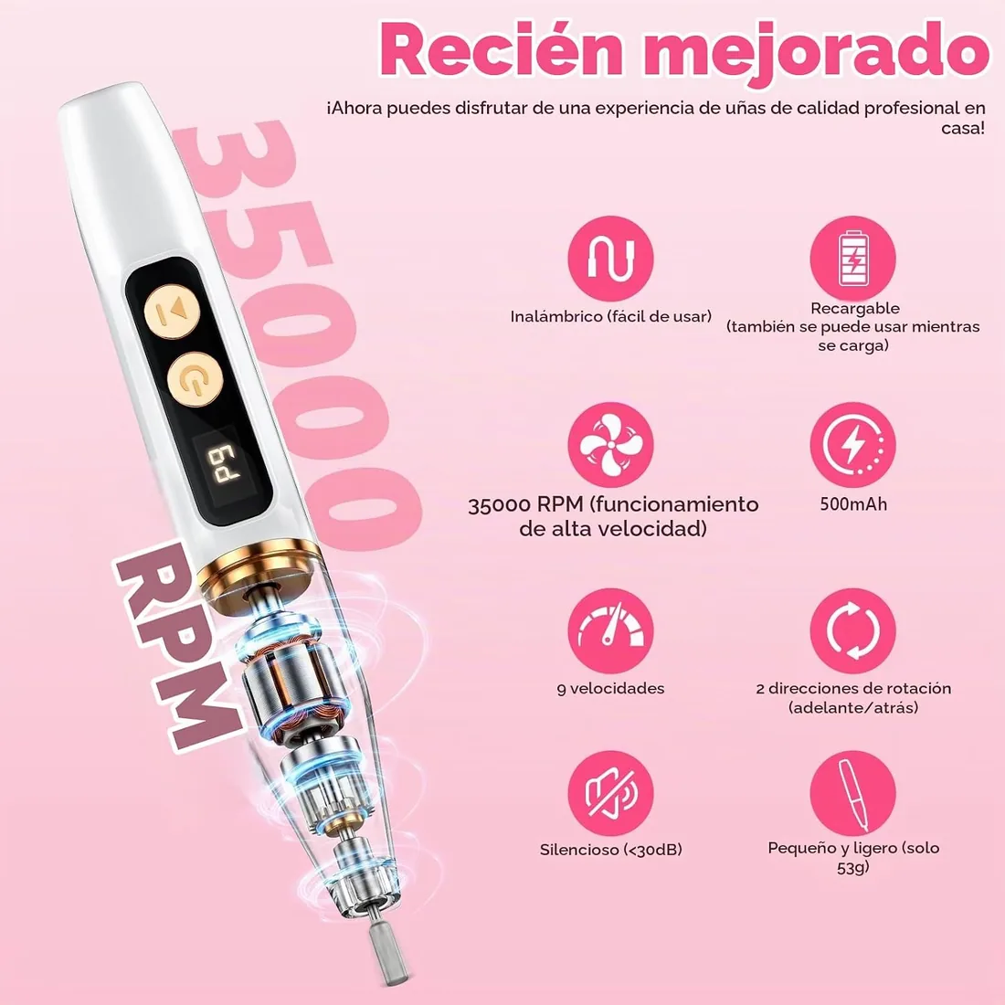 Torno para Uñas Profesional 35000RPM 500mAh Lima Uñas Electrica, Blanco | 12 en 1 Torno Uñas, Pantalla LED, 12 Accesorios, 9 Velocidades, Recargable USB-C Portátil para Manicuras y Pedicuras foto 2