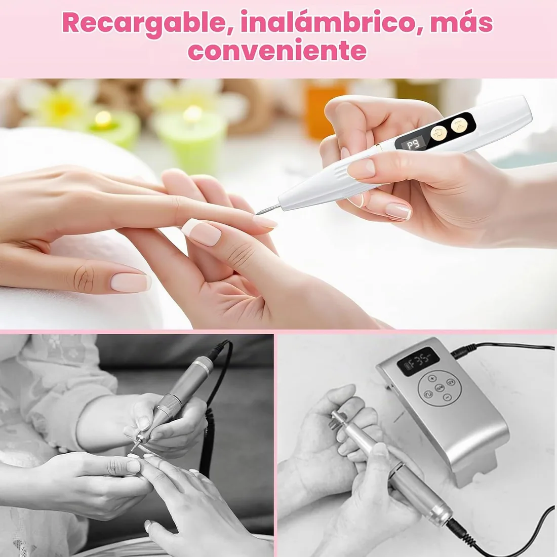Torno para Uñas Profesional 35000RPM 500mAh Lima Uñas Electrica, Blanco | 12 en 1 Torno Uñas, Pantalla LED, 12 Accesorios, 9 Velocidades, Recargable USB-C Portátil para Manicuras y Pedicuras foto 3