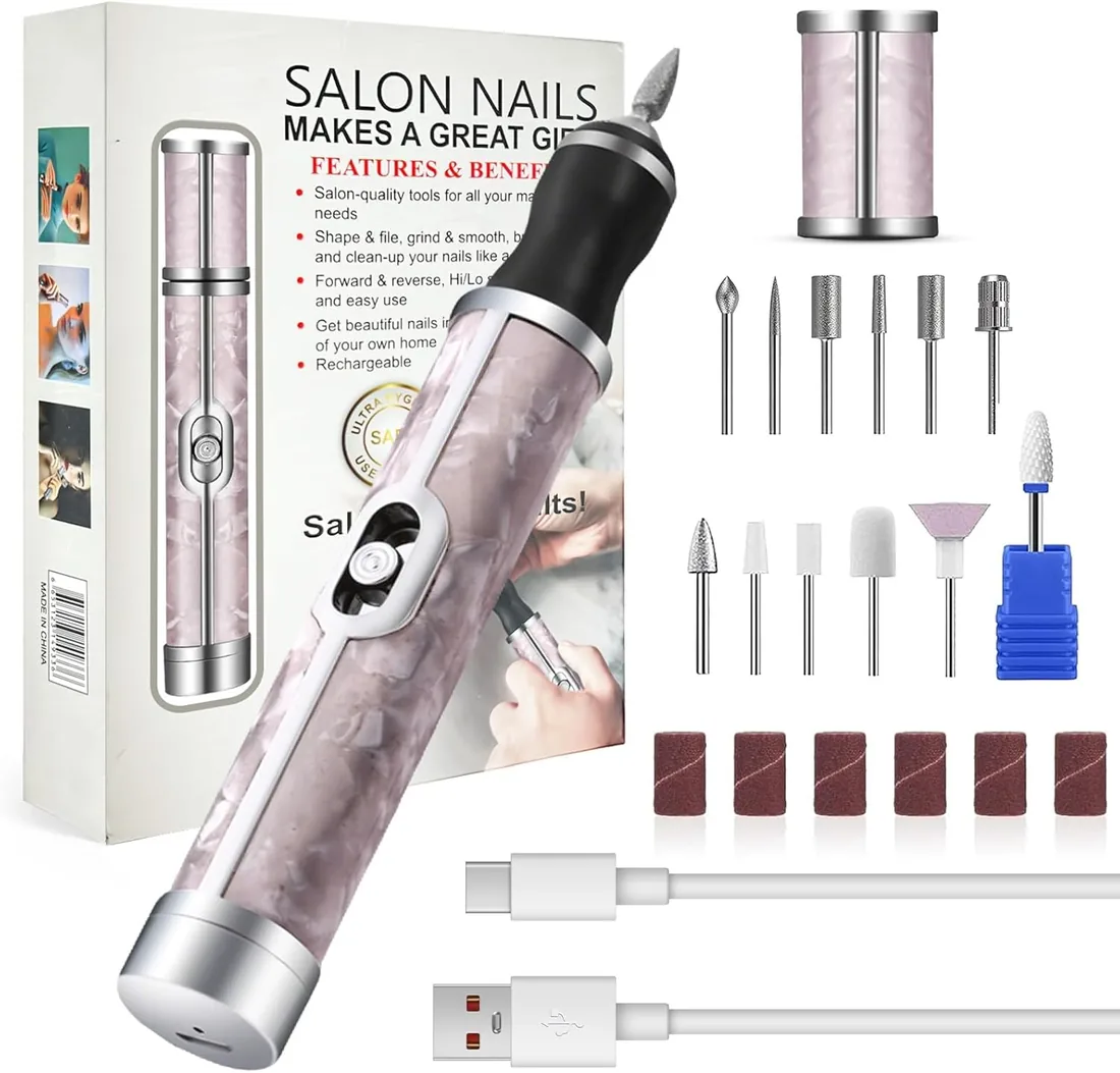 Torno Para Uñas Profesional Con 12 Cabezales Pulidores, 6 Granos | 4 Velocidades Ajustables, Carga Sin Cable, Limador De Uñas Electrico Para Uñas De Manos Y Pies, Quita Gel,Pedicura Y Manicura