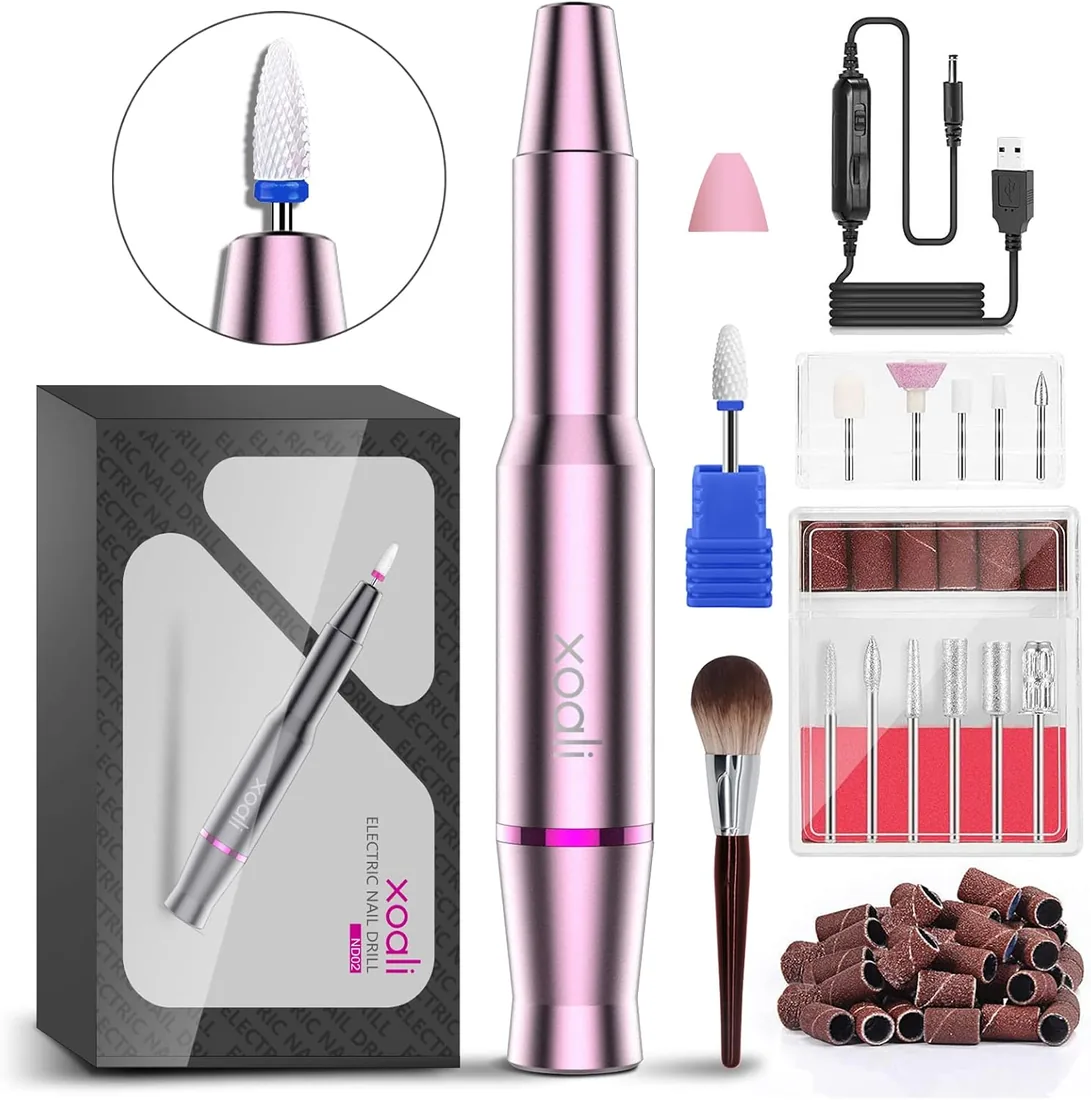 Xoali Torno para Uñas 25000RPM, 12 en 1 Lima Eléctricas Uñas USB con Brocas de Cerámica, Pulidoras de uñas Portatil Velocidad Ajustable, Manicura y Pedicura Eléctrico Profesional para Salón DIY (Rosa) foto 2