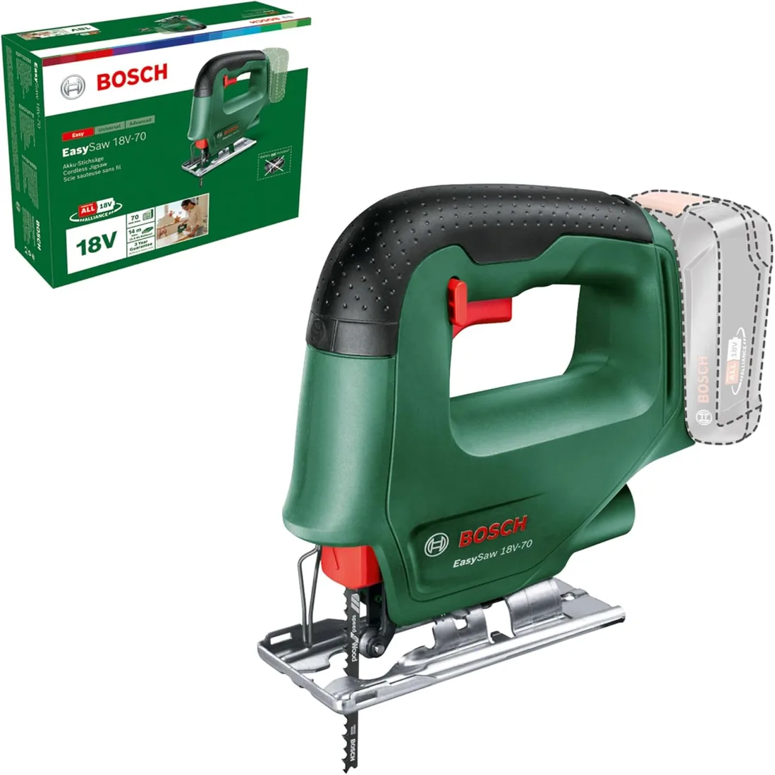 Bosch Sierra de calar a batería EasySaw 18V-70 | Diseño sencillo adecuado para principiantes y todo tipo de cortes en mate