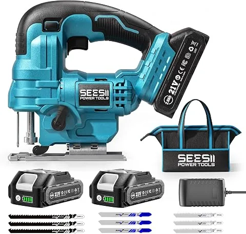 Seesii Sierra de Calar sin Cable 21V, Sierra de Calar Eléctrica con 2× 2.0Ah Baterías, 2800RPM Velocidad Variable para Cortar Madera, Cortes Biselados 0°-45°, Luz LED, 4 Ajustes Orbitales foto 2