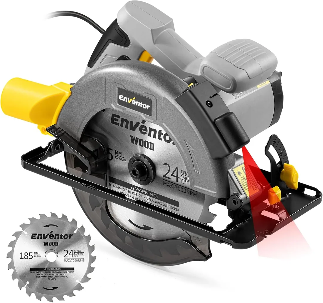 Enventor 1400W Sierra Circular con Guia Láser, 185mm(24T) Hoja | Sierra Circular de Mano 6000RPM, Profundidad de Corte 62mm(90°), 48mm(45°), Motor de Cobre Puro, Ideal para Cortar Madera foto 2
