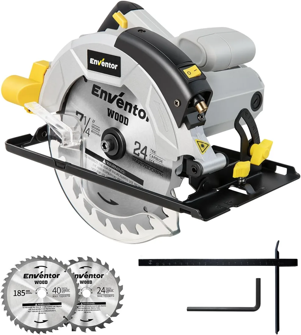 Enventor Sierra Circular 1200W, Guía Láser, 2 Hojas 24T+40T(Ø185mm) | Interfaz de Eliminación de Polvo, 5800RPM, Corte 62mm(90°)/42mm(45°), para Cortar Madera, Metal Blando, Plástico foto 2