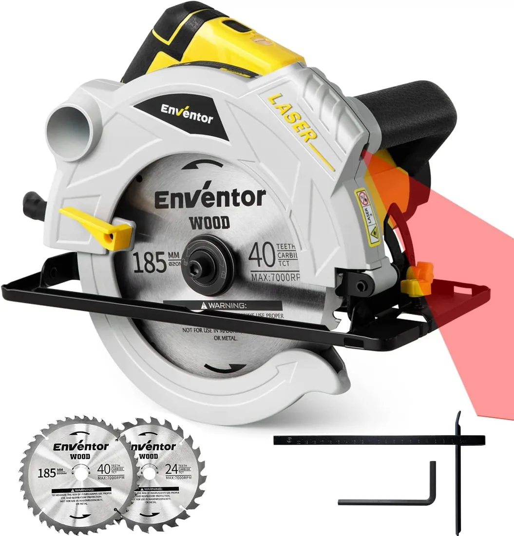 Enventor Sierra Circular 1500W, Guía Láser, 2 Hojas de Sierra(Ø185mm) | Sierra Circular de Mano 5500RPM, Motor de Cobre Puro, Corte 65mm(90°)/43mm(45°), Ideal para Cortar Madera