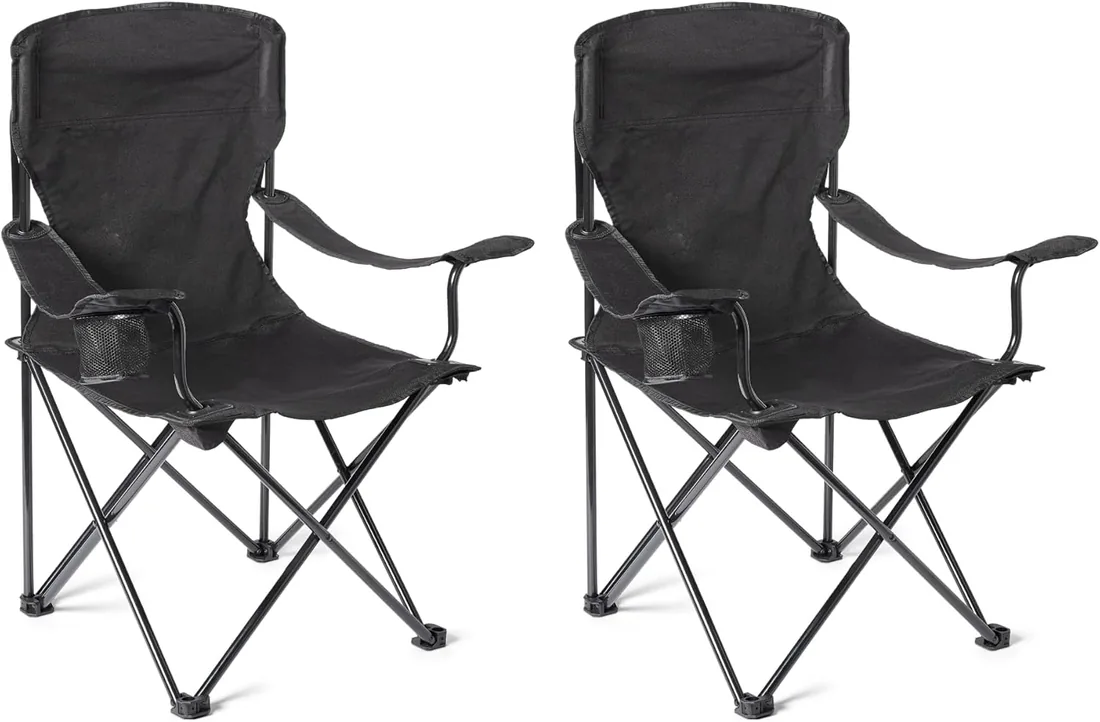 Amazon Basics Silla de Camping Plegable Portátil con Portavasos - Silla de Exterior con Marco de Acero, Resistente al Agua, con Bolsa de Transporte - 72,5cm x 52,5cm x 93,2cm - Negro - Pack de 2 foto 2