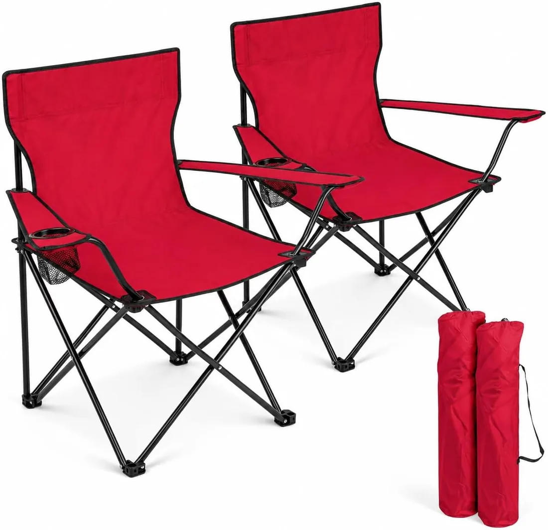 BESCH Set de 2 Sillas Plegable para Camping de Acero con Portavaso 45x45x80cm Carga Máxima 110Kg - Silla para Exterior, Picnic, Jardín y Pesca (Rojo)