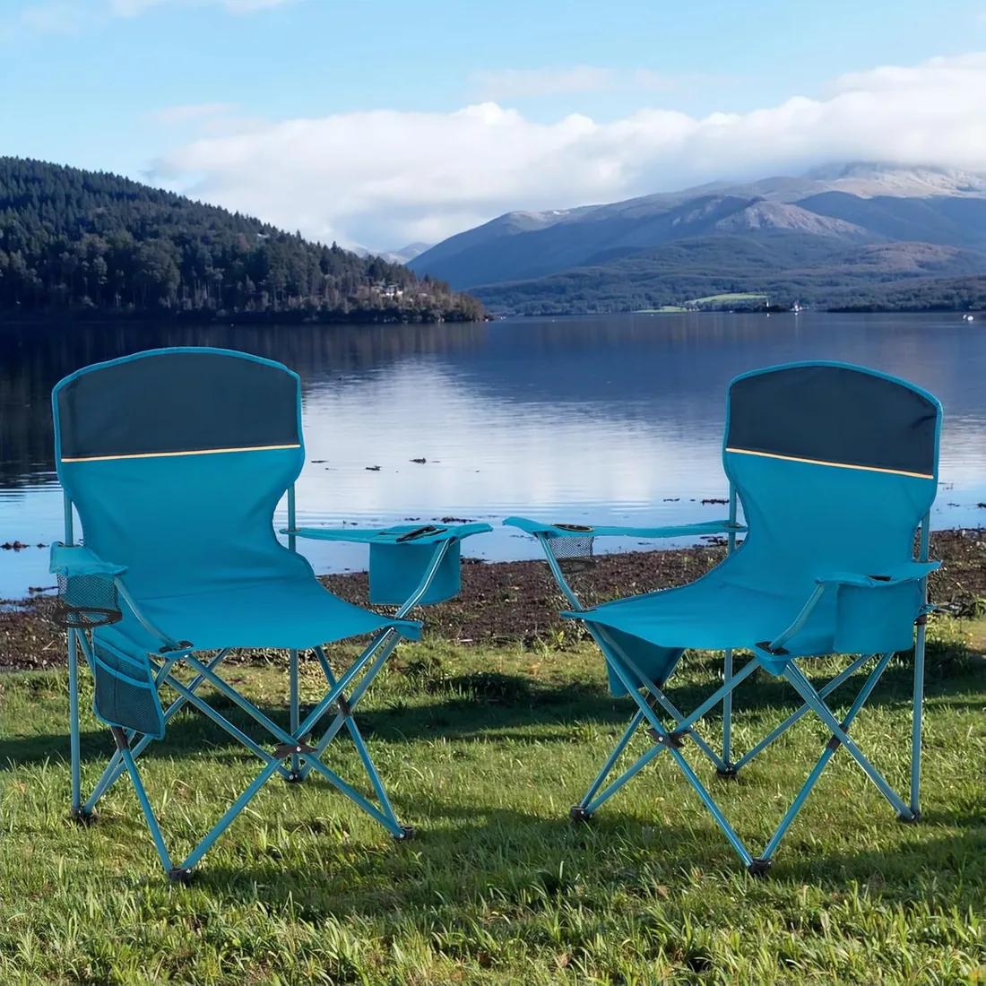 High Point Sports Sillas Plegables de Camping hasta 102 kg, Sillas Plegables con Soporte para Bebidas, Juego de 2 Silla Plegable con Reposabrazos Azul Silla de Camping Ultraligera foto 2