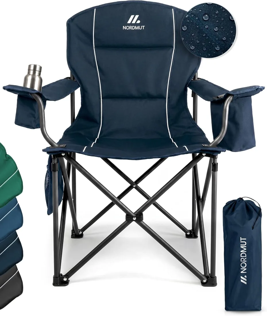 NORDMUT® Silla de Camping Plegable Ligera – Resistente con Capacidad de 200 kg – Cómoda Silla de Pesca con Bolsa térmica práctica y portavasos (Azul Marino 1x)