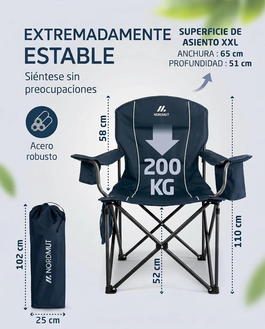 NORDMUT® Silla de Camping Plegable Ligera – Resistente con Capacidad de 200 kg – Cómoda Silla de Pesca con Bolsa térmica práctica y portavasos (Azul Marino 1x) foto 2