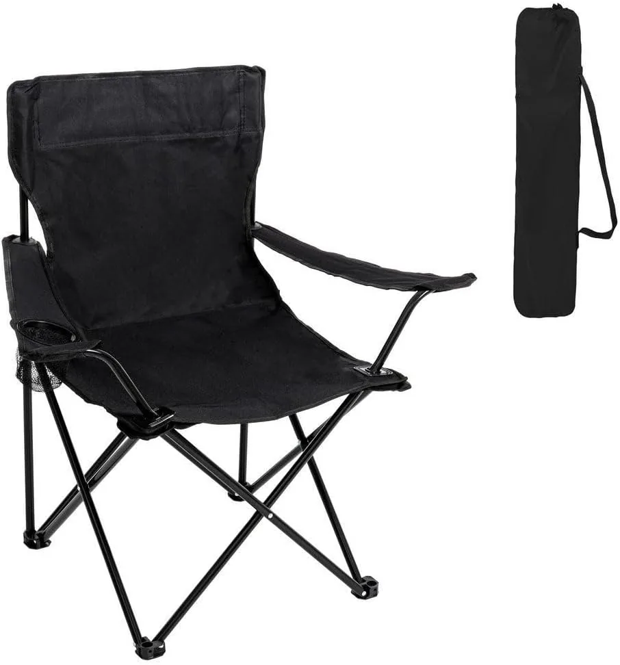 Silla playa camping pesca y caza plegable cierre tijera estructura acero | con pintura Epoxi anticorrosión y lona poliéster Oxford 600 D negra, portavasos y bolsa de transporte