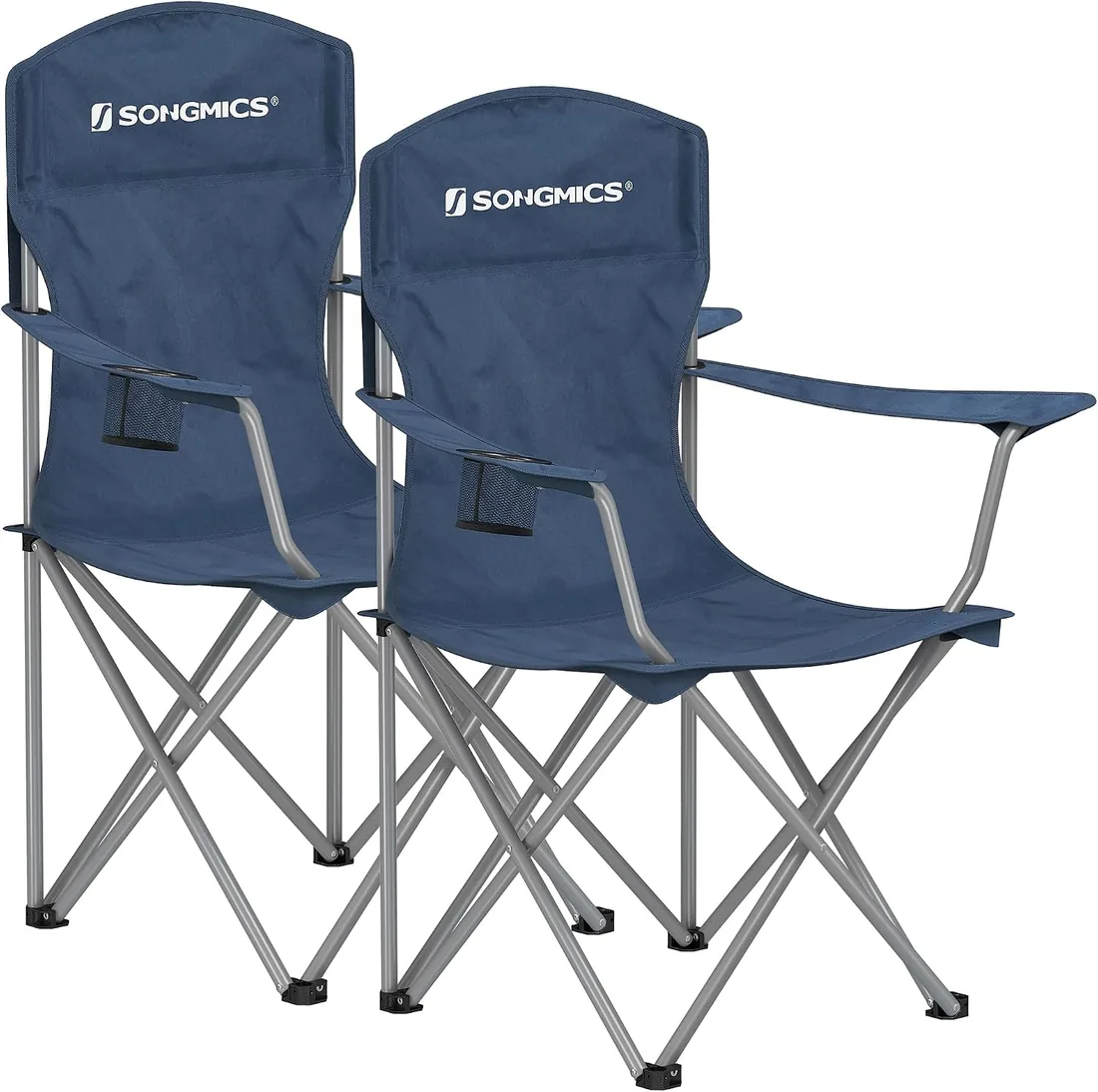 SONGMICS Juego de 2 Sillas de Camping, Plegable, Respaldo Alto | Sillas de Exterior, Apoyabrazos, Portabotella, Portátil, Carga de 150 kg, Azul y Plateado, Colección SANDY GCB008Q02