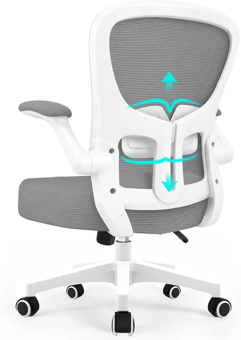 Durrafy Silla Escritorio Ergonomica - Silla Oficina con Apoyo Lumbar, Malla Transpirable, Reposabrazo Ajustable, Ruedas Giratorias 360° Función de balanceo (Gris)
