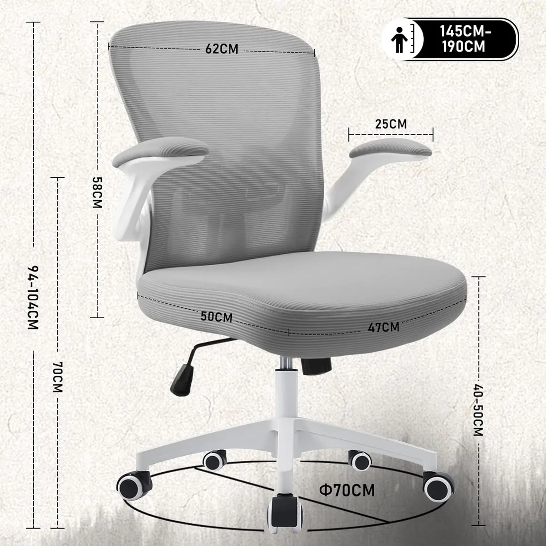 Durrafy Silla Escritorio Ergonomica - Silla Oficina con Apoyo Lumbar, Malla Transpirable, Reposabrazo Ajustable, Ruedas Giratorias 360° Función de balanceo (Gris) foto 2