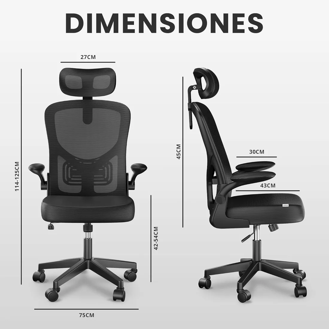 JUPPLIES Silla Escritorio Ergonómica - Silla Oficina Ajustable y Reclinable con Soporte Lumbar, Reposacabezas Ajustable, Reposabrazos Plegables, Malla Transpirable, Ruedas 360°, Soporta 120 kg foto 3