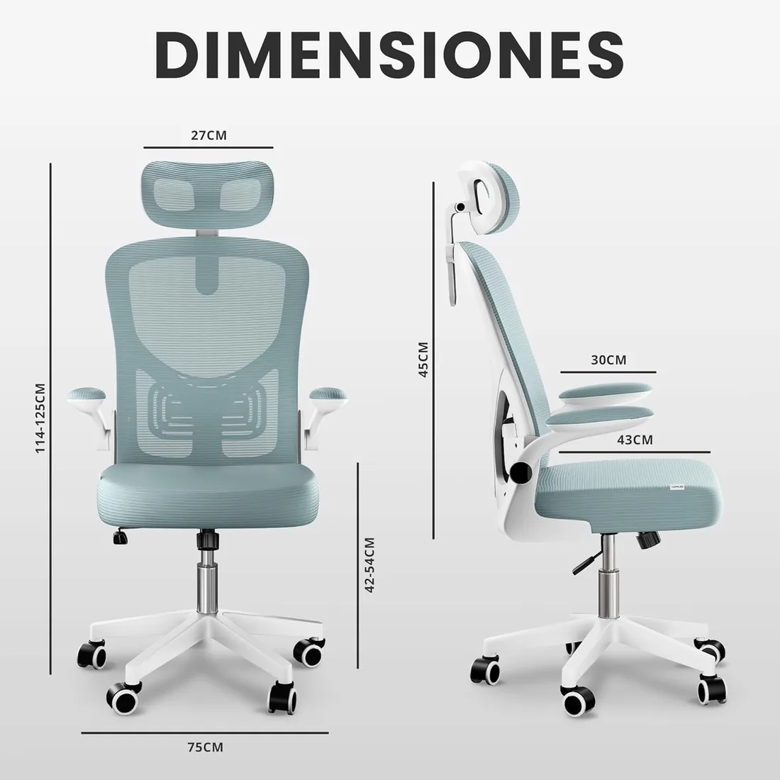 JUPPLIES Silla Escritorio Ergonómica - Silla Oficina Ajustable y Reclinable con Soporte Lumbar, Reposacabezas Ajustable, Reposabrazos Plegables, Malla Transpirable, Ruedas 360°, Soporta 120 kg foto 3