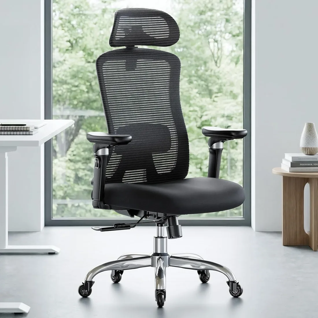 Marsail Silla Escritorio Ergonomica con Apoyabrazos 6D, Respaldo Ajustable en 3D, Asiento Deslizante, Soporte Lumbar y Bloqueo Inclin en 4 Posiciones–Silla Alta y Reforzada con Capacidad 150 kg, Negro