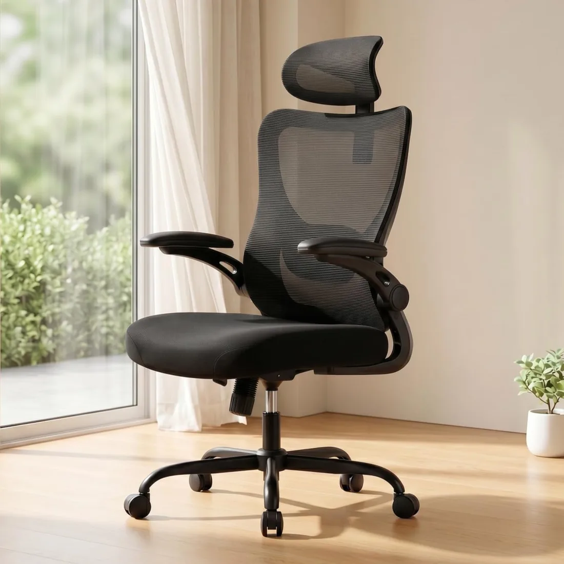 Marsail Silla Oficina Ergonómica, Silla Escritorio Ergonómica con Reposacabezas 2D, Soporte Lumbar 2D, Reposabrazos Plegables 3D, Asiento 8 cm, Altura Regulable, Función Basculante, hasta 136 kg