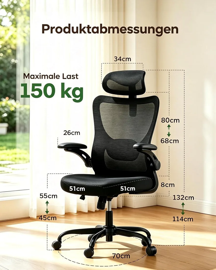 Marsail Silla Oficina Ergonómica, Silla Escritorio Ergonómica con Reposacabezas 2D, Soporte Lumbar 2D, Reposabrazos Plegables 3D, Asiento 8 cm, Altura Regulable, Función Basculante, hasta 136 kg foto 2