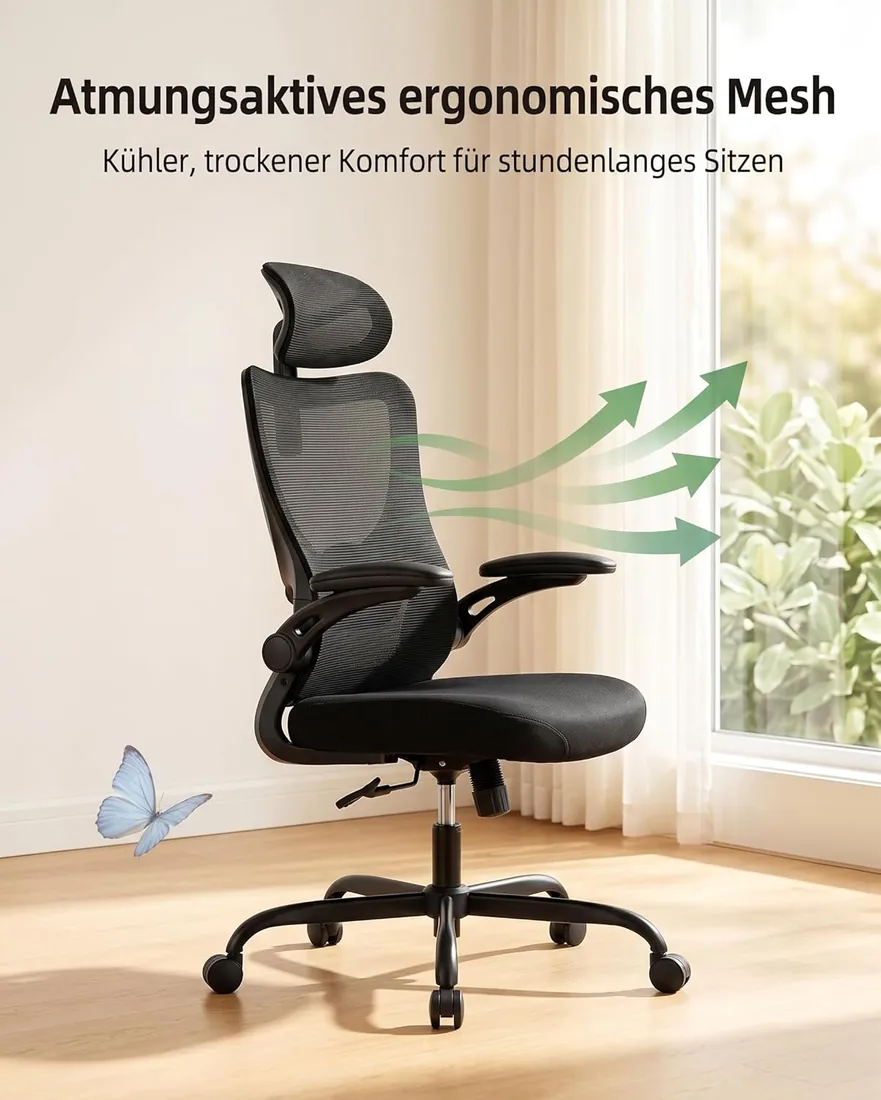 Marsail Silla Oficina Ergonómica, Silla Escritorio Ergonómica con Reposacabezas 2D, Soporte Lumbar 2D, Reposabrazos Plegables 3D, Asiento 8 cm, Altura Regulable, Función Basculante, hasta 136 kg foto 3